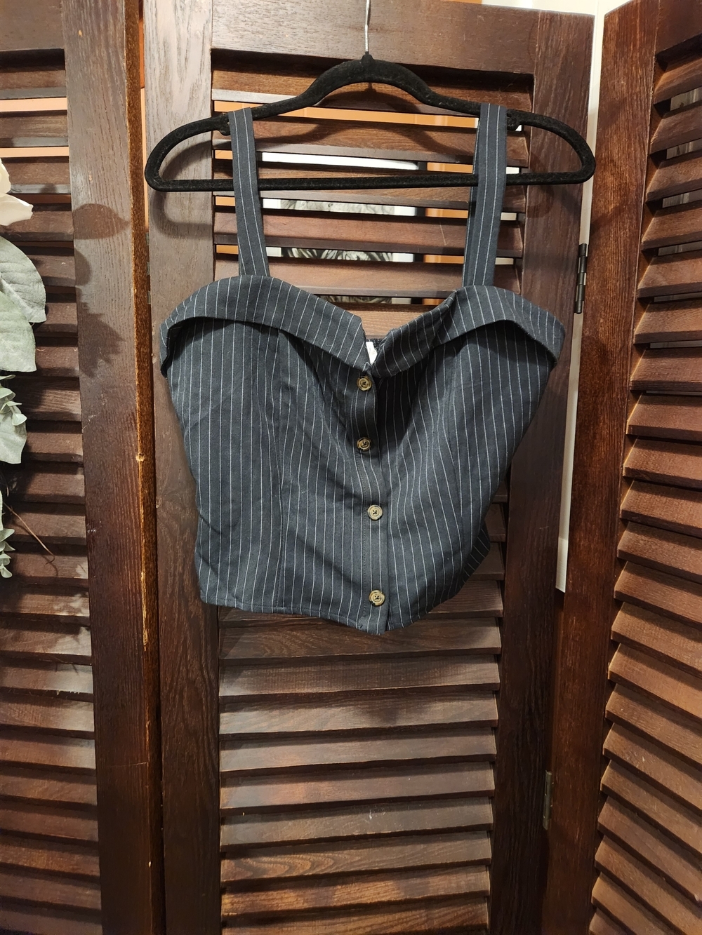 Sienna Sky Navy Blue Pinstripe Button-Front Crop Top